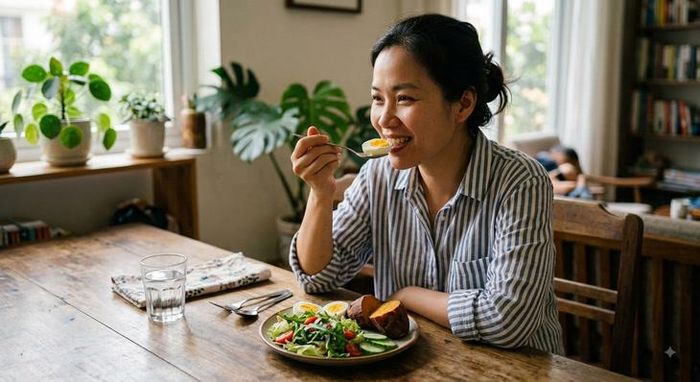 Thời điểm ăn sáng giúp giảm cân tốt nhất từ 6h45 đến 7h30, kết hợp với chế độ ăn và lối sống lành mạnh. Ảnh minh họa AI