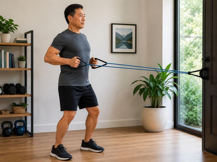 Động tác kéo dây kháng lực giúp tăng cường các cơ lưng trên, cơ xô, vai sau và cơ tay trước. Ảnh: AI.