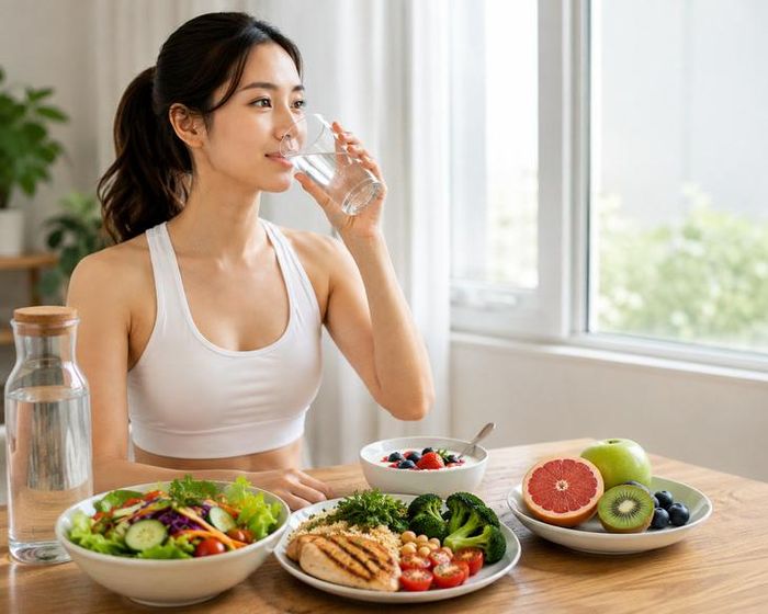 Uống nước lọc đúng cách cùng chế độ ăn khoa học là biện pháp giảm cân khoa học và bền vững. Ảnh AI.
