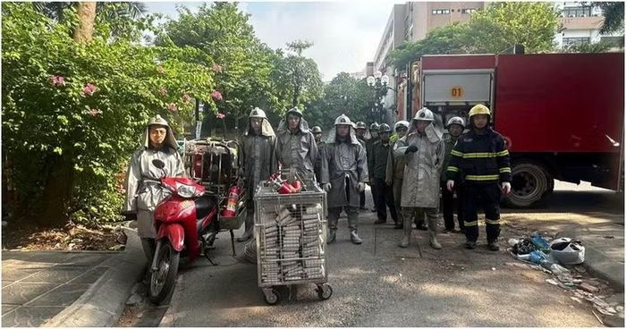 Các lực lượng tham gia phối hợp thực tập phương án chữa cháy và CNCH