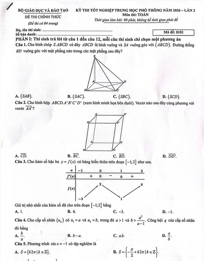 Một mã đề thi môn Toán kỳ thi lại tốt nghiệp THPT tại Tuyên Quang chiều 14/8.