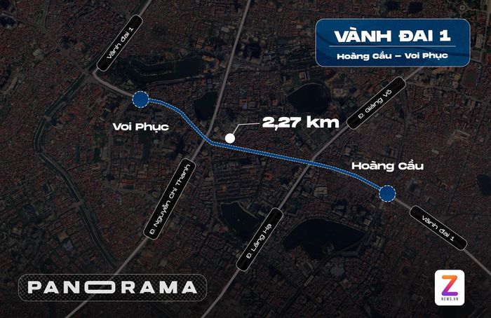 Vành đai 1 dài hơn 7 km đi qua các phố Trần Khát Chân - Đại Cồ Việt - Xã Đàn - Hoàng Cầu - Voi Phục của phường Ô Chợ Dừa, Giảng Võ và Láng. Khi hoàn thành tuyến Vành đai 1 đoạn Hoàng Cầu - Voi Phục, đây sẽ là vành đai đầu tiên của Hà Nội được khép kín. Đồ hoạ: Đinh Hà.