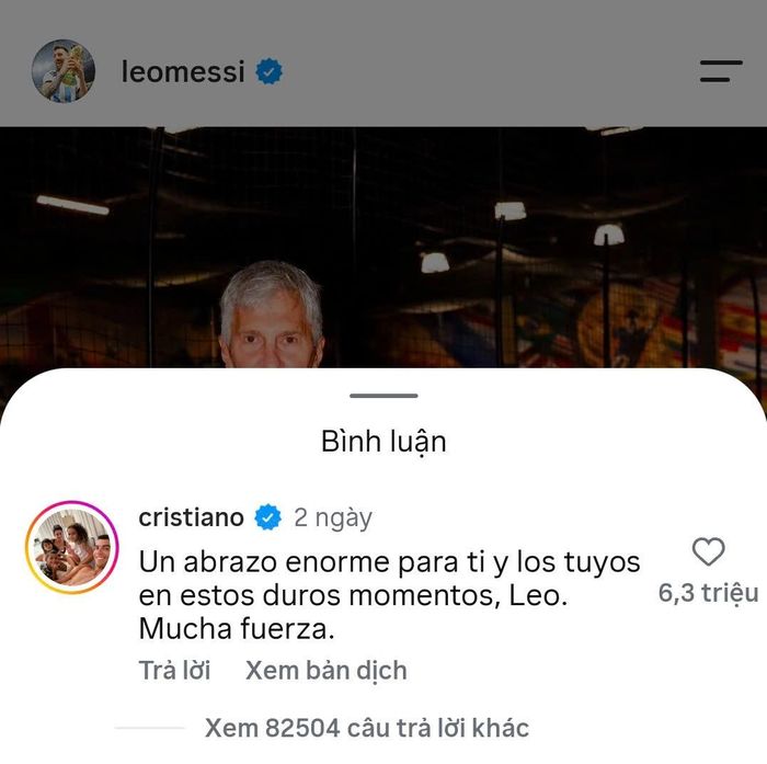  Lời chia buồn của Ronaldo dành cho Messi đang nắm giữ kỷ lục bình luận thể thao có nhiều lượt thích nhất lịch sử. Ảnh: Instagram. 