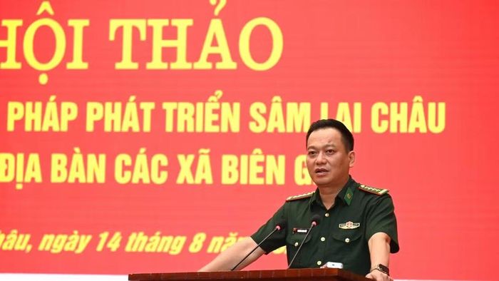  Đại tá Trương Minh Đức, Chỉ huy trưởng Ban Chỉ huy Bộ đội Biên phòng tỉnh phát biểu đề dẫn hội thảo. (Ảnh: VŨ DŨNG) 