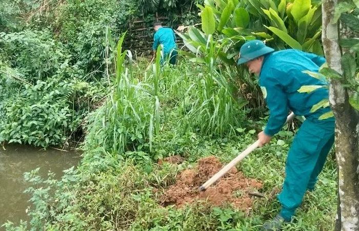 Dân quân tự vệ xã Chiềng Sinh giúp nhân dân bản Thín trồng cây trám đen ghép trong khu vực vườn nhà. Ảnh: Lê Lan