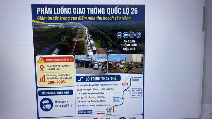 Phân luồng giao thông Quốc lộ 26 nhằm giảm ùn tắc trong vụ thu hoạch sầu riêng và Lễ hội Sầu riêng Đắk Lắk năm 2026.