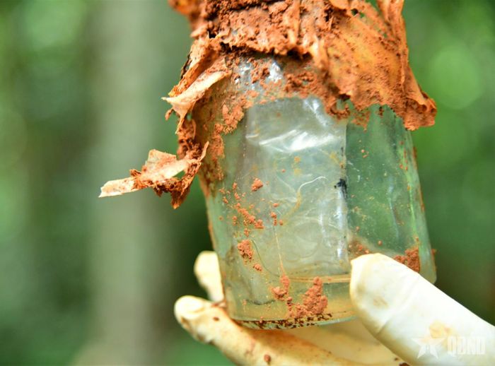  Lọ thủy tinh chôn cùng HCLS, bên trong có mảnh giấy được giám định có thông tin mang tên liệt sĩ Nguyễn Văn Vượng.   