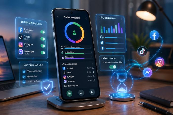 Người dùng cần cài đặt tính năng Digital Wellbeing trên điện thoại Android để quản lý và giới hạn thời lượng sử dụng các ứng dụng mạng xã hội hằng ngày. Đồ họa: Thái Bình