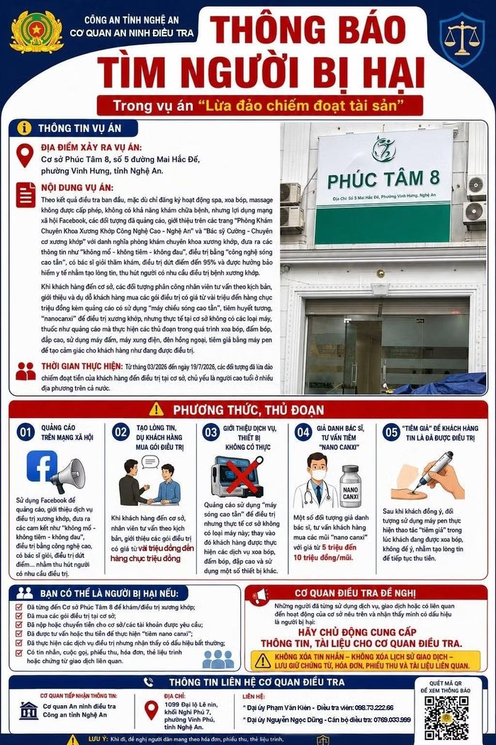 Thông báo tìm bị hại trong vụ án “Lừa đảo chiếm đoạt tài sản” xảy ra tại Cơ sở Phúc Tâm 8 của Công an tỉnh Nghệ An.