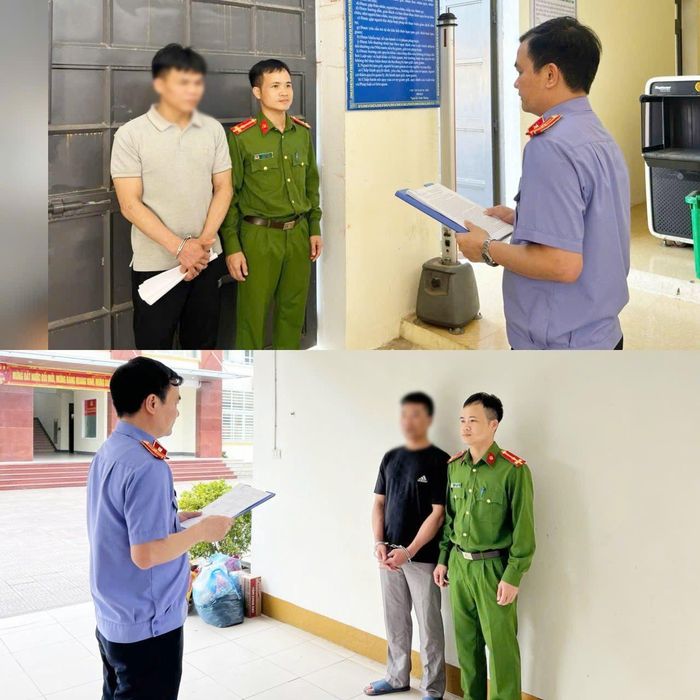Kiểm sát viên và Điều tra viên tống đạt các Quyết định tố tụng đối với bị can Nguyễn Trung Thành và Trần Quốc Hoàn.