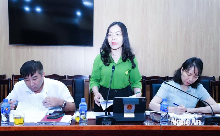 Phó Chánh Văn phòng Đoàn đại biểu Quốc hội và HĐND tỉnh Nguyễn Thị Anh Hoa nêu một số vấn đề từ thực tiễn liên quan đến chế độ hỗ trợ cho các câu lạc bộ. Ảnh: Mai Hoa