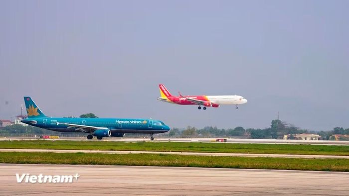Máy bay của các Hãng hàng không Việt Nam cất, hạ cánh tại Sân bay quốc tế Nội Bài. (Ảnh: Việt Hùng/Vietnam+)