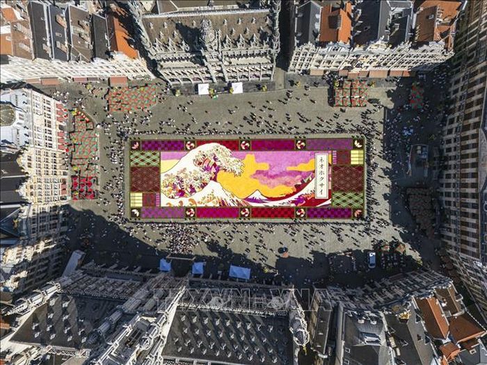 Toàn cảnh Thảm Hoa Brussels 2026 nhìn từ trên cao với tác phẩm Neo Hokusai. Ảnh: Lan Anh - Duy Tùng/PV TTXVN tại Bỉ