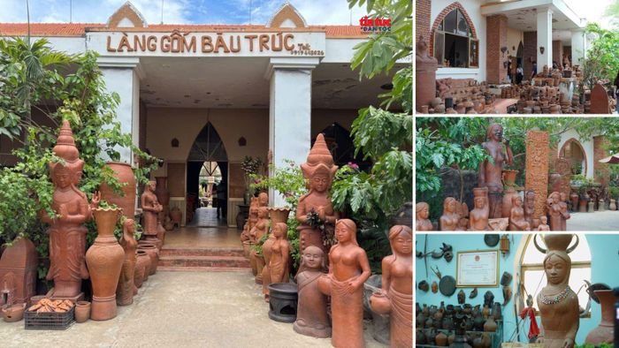 Không gian trưng bày tập hợp nhiều dòng gốm gia dụng, gốm trang trí và sản phẩm mang dấu ấn văn hóa Chăm tại làng gốm Bàu Trúc, Ninh Thuận cũ.
