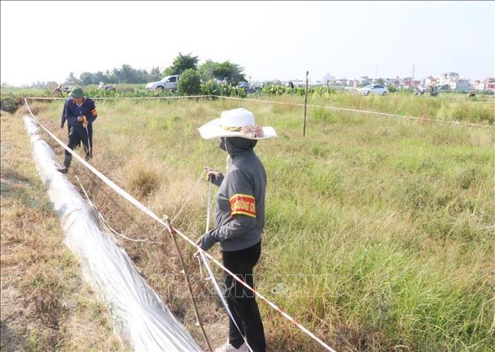 Lực lượng chức năng tiến hành kiểm đếm diện tích đất và tài sản, hoa màu trên đất đối với các hộ gia đình, cá nhân không chấp hành quyết định khi Nhà nước thu hồi đất.