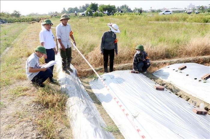 Lực lượng chức năng tiến hành kiểm đếm diện tích đất và tài sản, hoa màu trên đất đối với các hộ gia đình, cá nhân không chấp hành quyết định khi Nhà nước thu hồi đất.