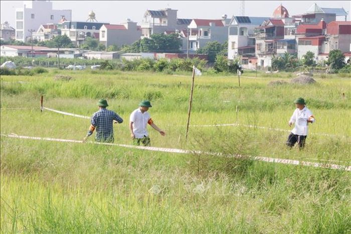 Lực lượng chức năng tiến hành kiểm đếm diện tích đất và tài sản, hoa màu trên đất đối với các hộ gia đình, cá nhân không chấp hành quyết định khi Nhà nước thu hồi đất.