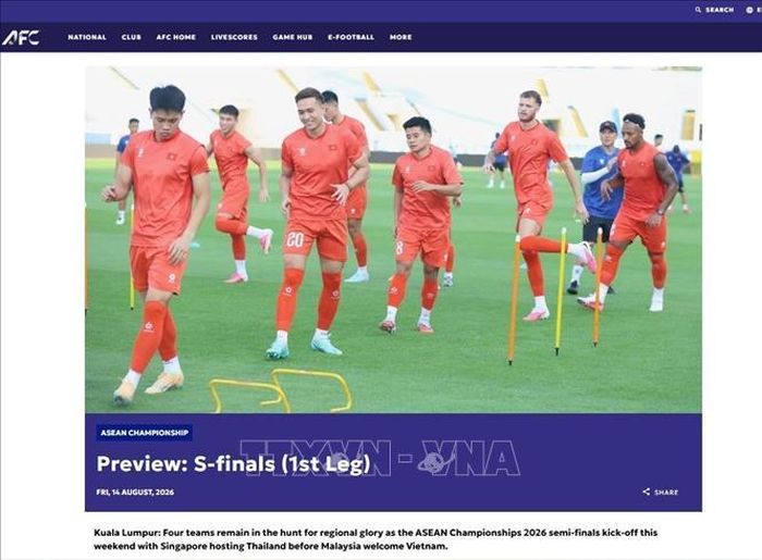 Bài nhận định đăng trên trang chủ của AFC trước vòng bán kết ASEAN Cup 2026. Ảnh: TTXVN phát