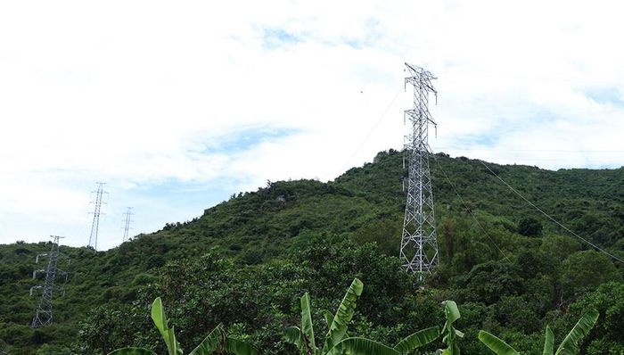 Thi công dựng cột, kéo dây dự án đang gặp vướng mắc trong giải phóng mặt bằng. Ảnh: Thúy Hiền/BNEWS/TTXVN