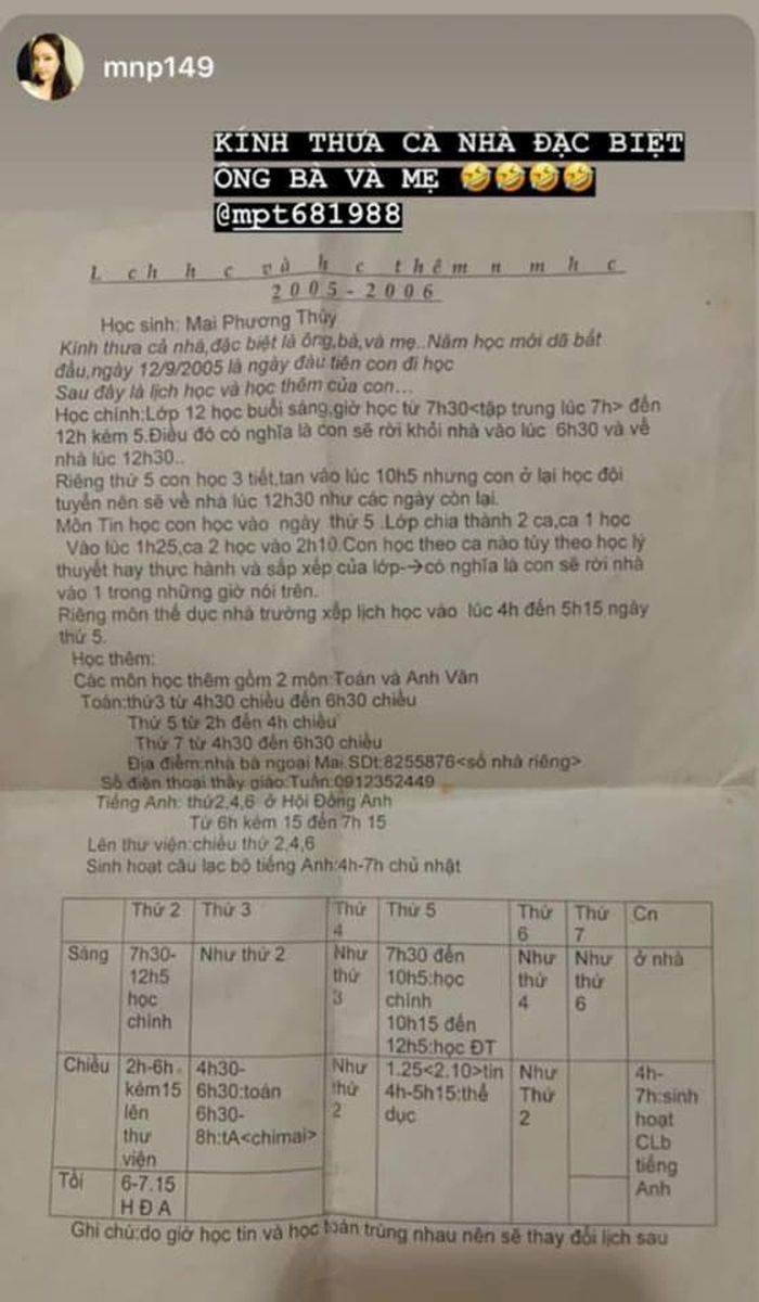 Tuổi 17, Hoa hậu Mai Phương Thúy khá tinh nghịch giống các bạn đồng trang lứa nên gia đình phải quản lý bằng cách áp dụng ghi chép và báo cáo lịch trình. Nhiều năm nhìn lại bản báo cáo này, Hoa hậu Mai Phương Thúy hài hước: "Ngày đó lầm lỗi gì mà phải làm cái giấy này?".