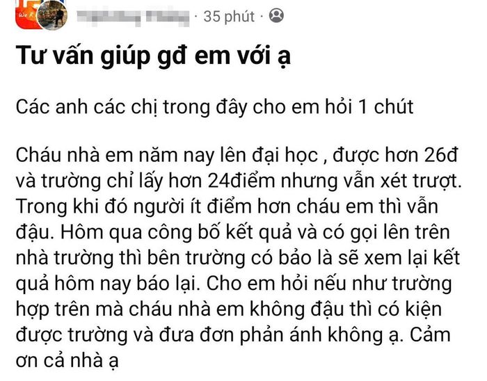 Chia sẻ của một phụ huynh về trường hợp điểm xét tuyển của con cao hơn mức điểm chuẩn công bố nhưng vẫn không trúng tuyển.