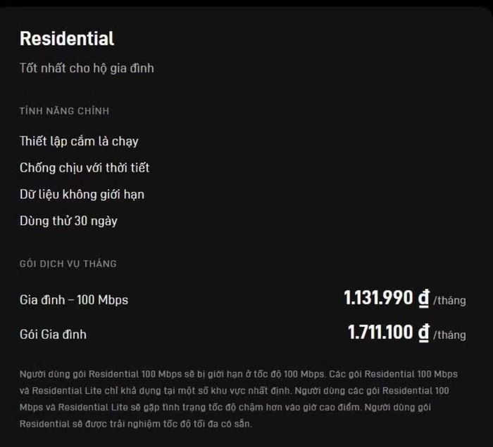 Thông tin gói Internet vệ tinh dành cho hộ gia đình được Starlink công bố trên website chính thức tại thị trường Việt Nam
