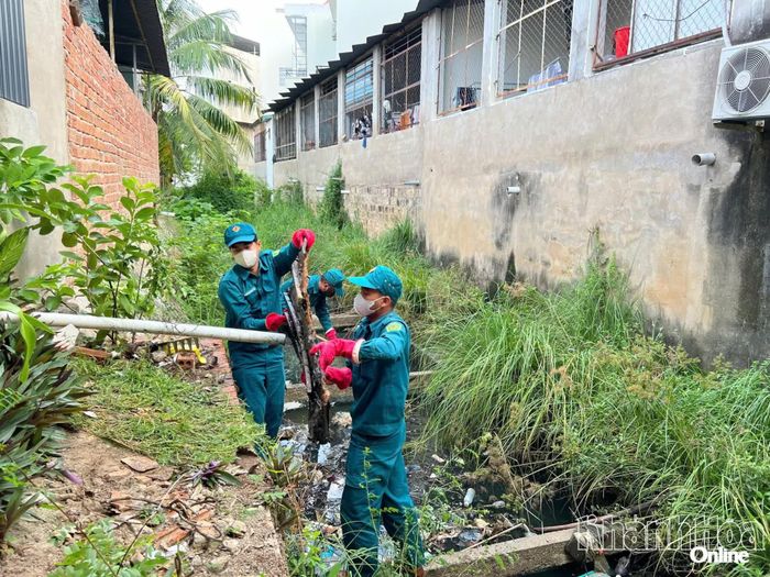 Các lực lượng phường Tây Nha Trang ra quân thu gom rác ven khu vực sông Bà Vệ. Ảnh: TRẦN HẰNG