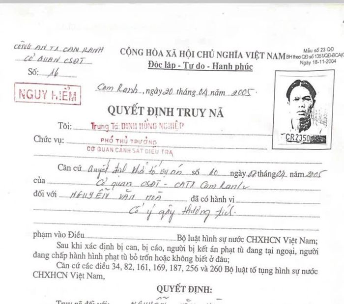 Quyết định truy nã của Cơ quan Cảnh sát điều tra Công an thị xã Cam Ranh đối với Nguyễn Văn Hòa.