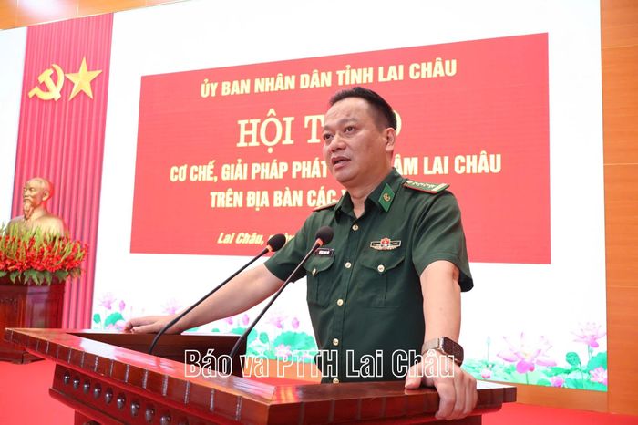 Đại tá Trương Minh Đức - Chỉ huy trưởng Ban Chỉ huy BĐBP Lai Châu phát biểu tại hội thảo.