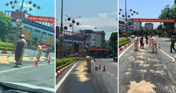 Lực lượng Cảnh sát giao thông phối hợp xử lý dầu loang trên mặt đường Nguyễn Thái Học, bảo đảm an toàn cho người và phương tiện.