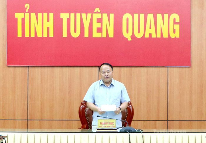 Đồng chí Phan Huy Ngọc, Phó Bí thư Tỉnh ủy, Chủ tịch UBND tỉnh phát biểu tại cuộc họp.