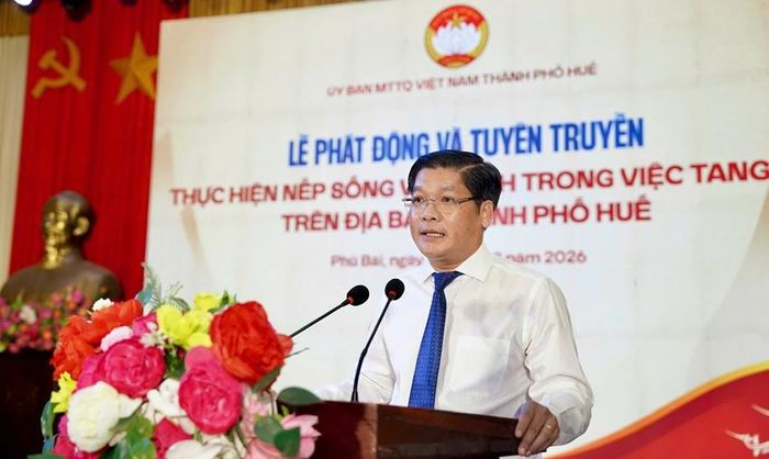  Phó Bí thư Thành ủy, Chủ tịch Ủy ban MTTQ Việt Nam thành phố Nguyễn Chí Tài phát biểu tại buổi lễ