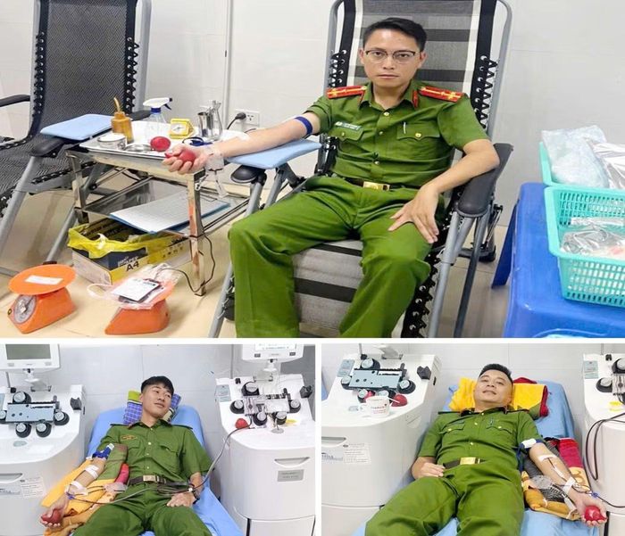 Thượng úy Lê Thế Dương, Thượng úy Nguyễn Văn Long và Binh nhì Hoàng Văn Huy đã tình nguyện tham gia hiến máu cứu người.