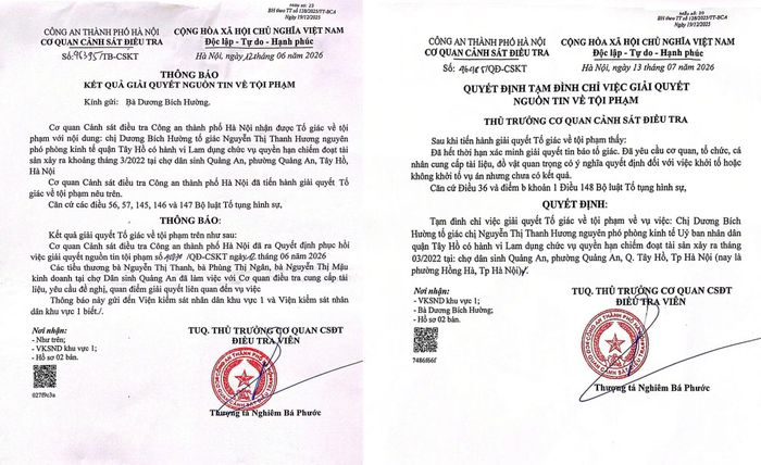 Sau khi tiếp nhận nguồn tin tố giác tội phạm, Công an TP Hà Nội đã nhiều lần thông báo phục hồi điều tra cũng như ra Quyết định tạm đình chỉ việc giải quyết nguồn tin về tội phạm.