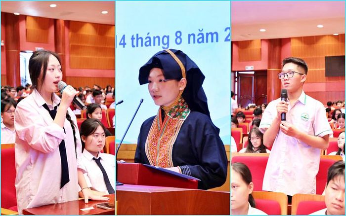 Các học sinh phát biểu và đặt câu hỏi về những định hướng lớn của tỉnh trong việc phát triển giáo dục chất lượng cao. Ảnh: BQN