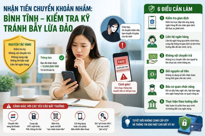 Nhận được tiền chuyển khoản từ tài khoản lạ, người dân không nên vội vàng chuyển trả