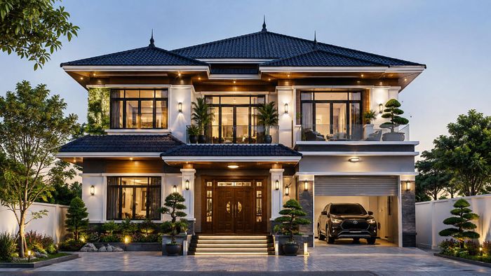 Nhà mái Nhật 2 tầng có gara ô tô. (Ảnh minh họa: AI)
