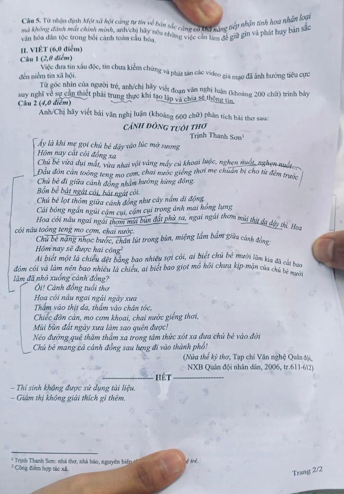 Đề thi lại môn Ngữ văn.