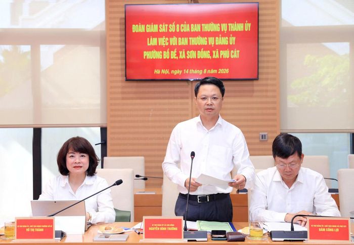 Bí thư Đảng ủy xã Sơn Đồng Nguyễn Đình Trường trình bày báo cáo. Ảnh: MH