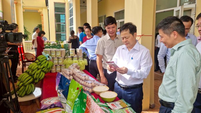Các đại biểu tham quan gian hàng trưng bày, giới thiệu sản phẩm của xã Đại Xuyên. Ảnh: Vân Nga