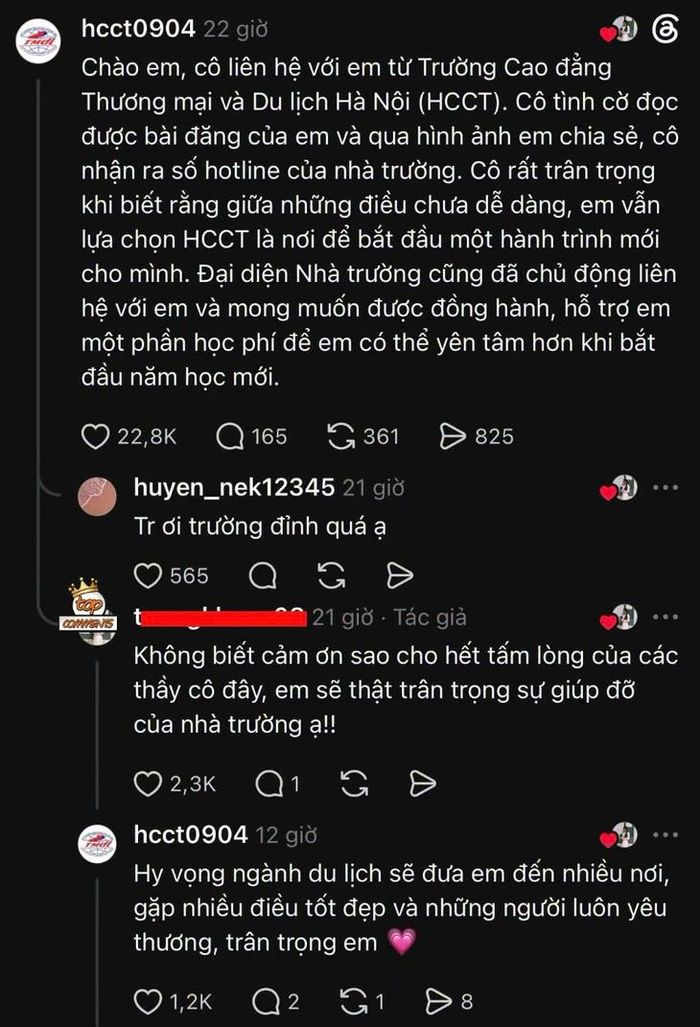 Trường Cao đẳng Thương mại và Du lịch Hà Nội (HCCT) sau khi biết câu chuyện đã chủ động liên hệ và đề nghị hỗ trợ nữ sinh. Ảnh: MXH