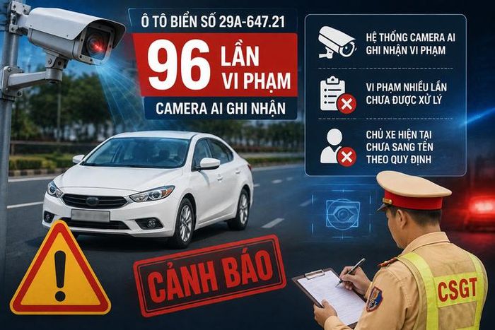 Ô tô biển số 29A-647.21 bị camera AI ghi nhận vi phạm 96 lần. (Hình ảnh minh họa bằng AI)