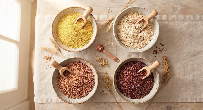 Việc bổ sung ngũ cốc nguyên hạt vào chế độ ăn uống có thể mang lại nhiều lợi ích cho sức khỏe tim mạch. Ảnh minh họa AI