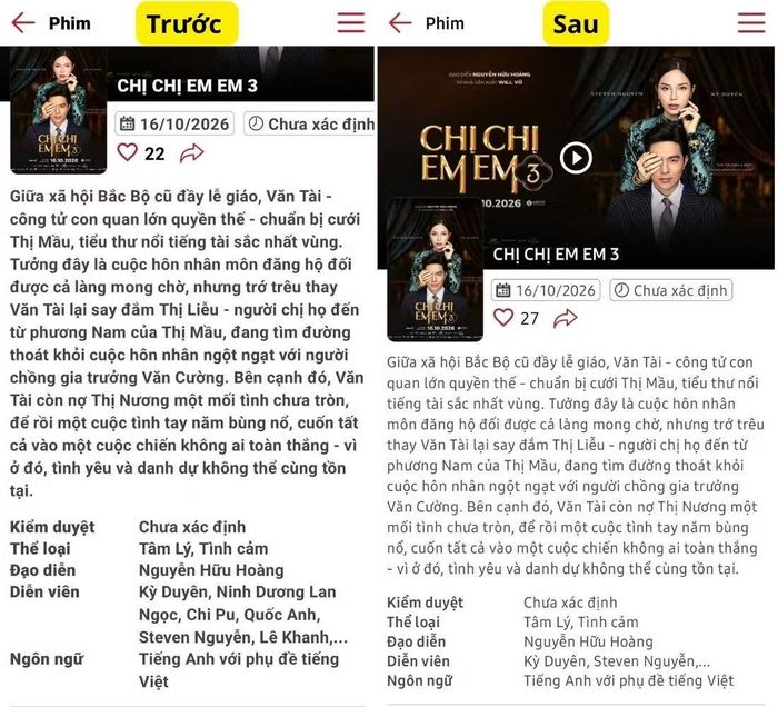 Dàn diễn viên - nội dung Chị Chị Em Em 3 xuất hiện trong phần mô tả của hệ thống rạp.