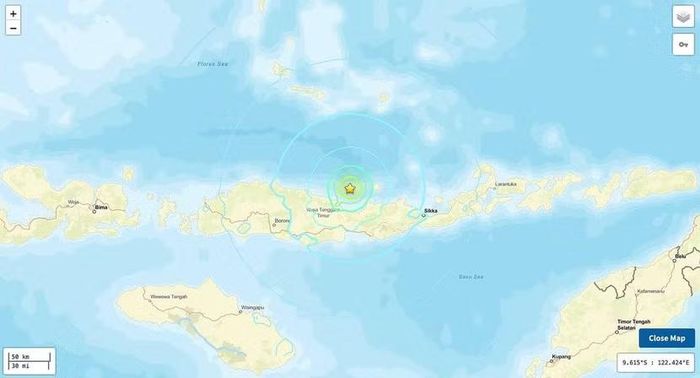 Bản đồ mô tả vị trí trận động đất ở Indonesia sáng 15-8. Đồ họa: USGS