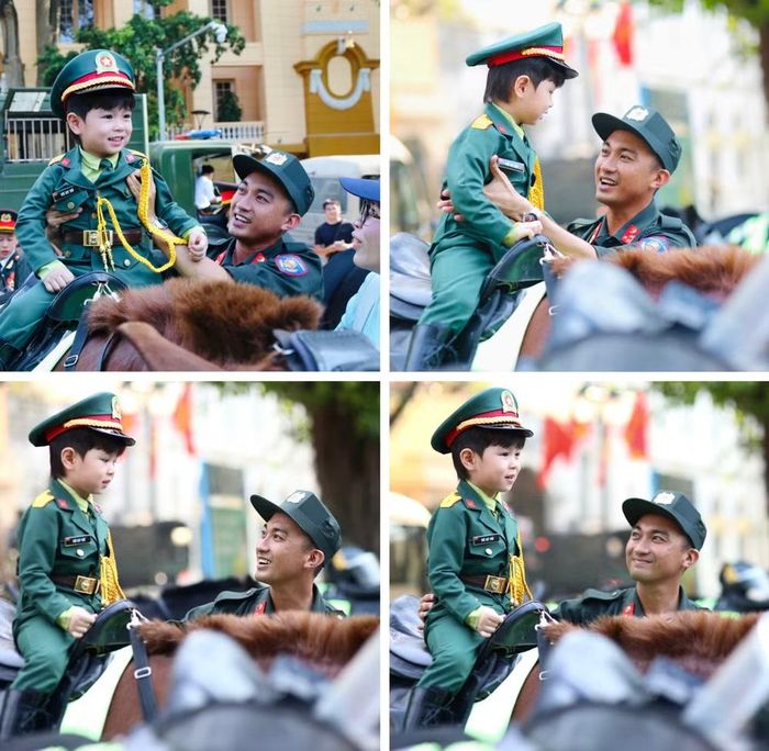 Bé Vũ Uy Vũ (4 tuổi, xã An Khánh, TP Hà Nội) thích thú khi được chú Cảnh sát cơ động cho trải nghiệm cảm giác ngồi trên lưng ngựa