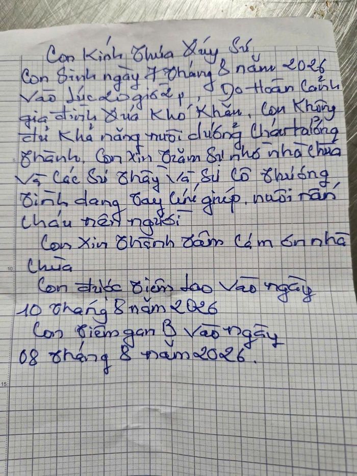 Bức thư để lại cùng bé gái bị bỏ rơi.