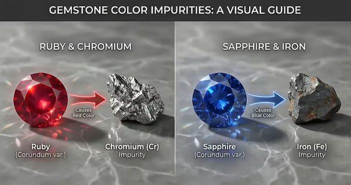 Cùng là khoáng vật corundum nhưng kết hợp với crom hay sắt sẽ tạo thành hai loại đá quý khác biệt về màu sắc là ruby và sapphire.