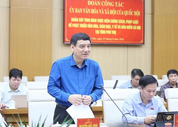 Ông Nguyễn Đắc Vinh, Ủy viên Ủy ban Thường vụ Quốc hội, Chủ nhiệm Ủy ban Văn hóa và Xã hội của Quốc hội phát biểu. (Ảnh: Thanh Hòa/phutho.gov.vn).