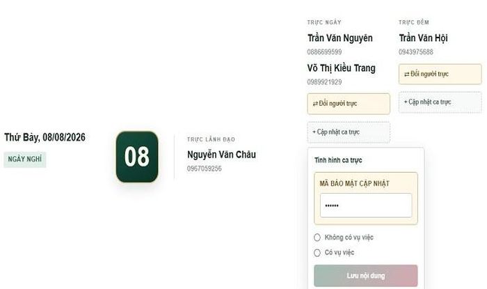  Khung cập nhật nội dung ca trực với lựa chọn có vụ việc hoặc không có vụ việc.
